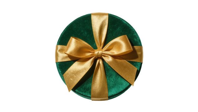 Round green velvet gift box with golden satin ribbon bow, isolated on transparent background