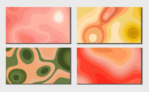 Set of four abstract contour backgrounds with organic flowing layers in coral, yellow, olive green and red tones, suitable for posters, branding, packaging and editorial design.