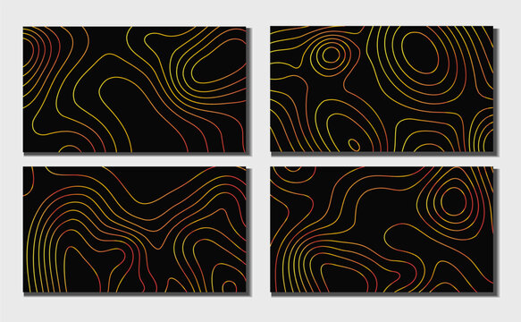 Abstract topographic contour lines in warm yellow, orange, and red tones on a black background, arranged as four decorative panels for modern design projects