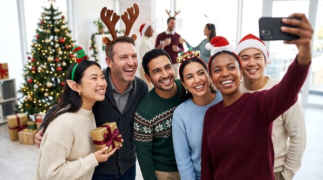 Diverse group of happy friends or colleagues taking a festive selfie at a Christmas party with a decorated tree in the background.
