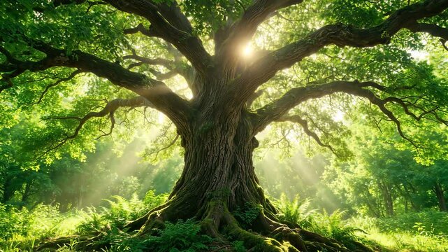Ancient oak tree in mystical forest with sunbeams. Panning and tilting camera movement.