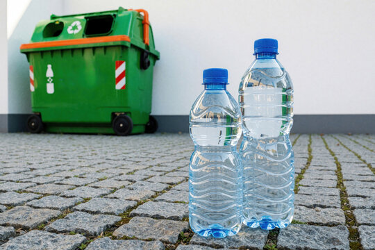 Clear plastic water bottles stand on cobblestone street near green recycling bin. People return empty PET containers to deposit station for eco waste management. Sustainable recycling program helps