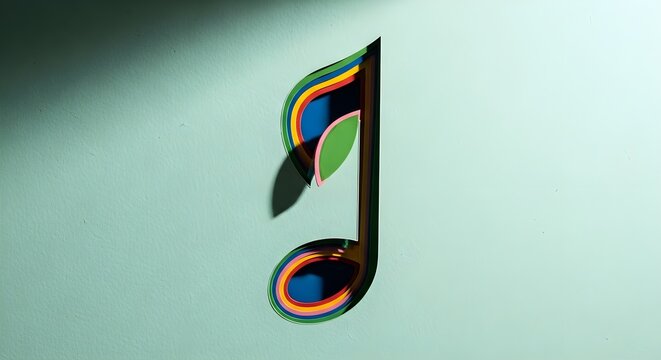 Vibrant Musical Note Art featuring layered 3D paper cut-out design with leaf detail on textured mint wall, ideal for music education posters or eco-friendly sound branding.
