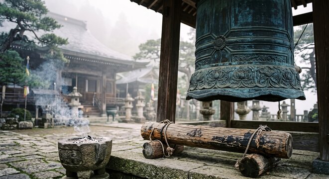 Ancient bronze temple bell and smoking incense burner in a tranquil Japanese garden temple