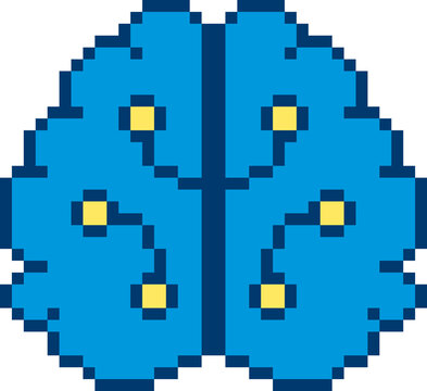 Machine Learning Pixel Art Icon, Artificial Intelligence Brain Technology.