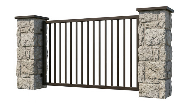Architectural Fence Section, Stone Pillars and Metal Bars, Exterior Security Design, Modern Construction Element