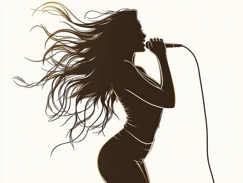 Silhouette of Woman Singer with Long Wavy Hair Singing into Microphone