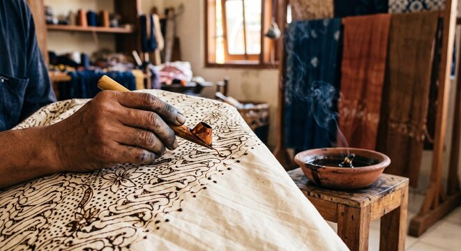 An Indonesian artisan meticulously applies hot wax to white fabric using a traditional canting