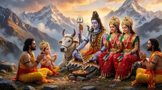 Hindu god Shiva sits with Parvati, Ganesha in Himalayan mountains. Divine family blesses devotees near Nandi bull. Sacred scene shows spiritual worship, meditation, religious mythology amidst snowy
