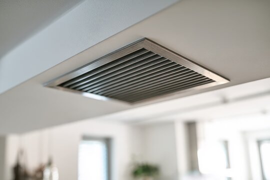 Industrial-style metal vent on a white ceiling in a sunlit home interior