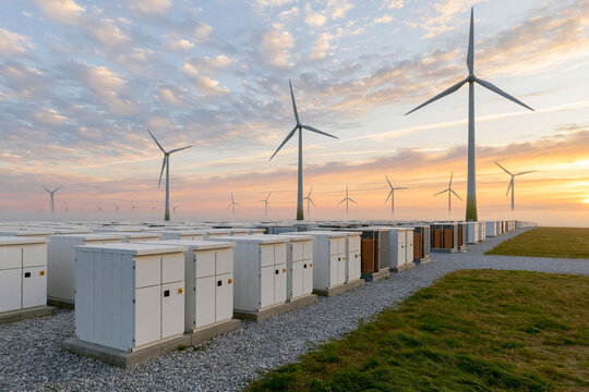 Rows of white energy storage units line a gravel path. Tall wind turbines stand against a golden sky. Sunset hues glow behind the blades. Clean, renewable energy infrastructure