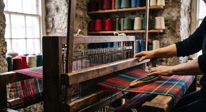 Skilled artisan weaving traditional tartan fabric on a rustic wooden loom in a quiet workshop