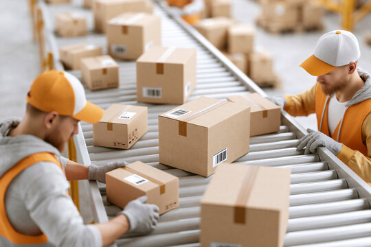Workers sort packages on a conveyor belt. They wear hats and gloves for safety and efficiency. Focused, they handle boxes with care and speed. Routine logistics in a busy warehouse