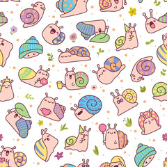 Obraz premium Cute snail seamless pattern set featuring flower leaf crown balloon heart bow tie mug nightcap party hat mustache mollusk animal