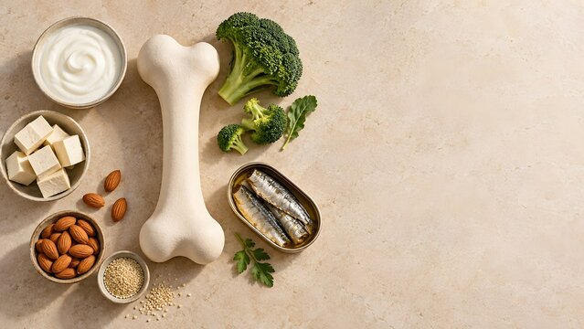 Bone health nutrition concept showing calcium and vitamin d foods to prevent osteoporosis