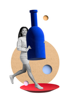 Vertical poster collage young woman carry alcohol beverage bottle party bar pub event friday celebration 3d spheres