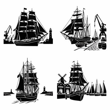 Professional Vector Illustration of a Traditional Two-Masted Sailing Ship or Brigantine Vessel, Perfect for Nautical Themes, Maritime History, and Ocean Adventure Graphic Designs.