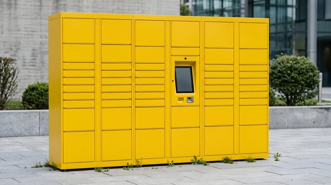 Bright yellow automated parcel locker station located outdoors in a modern urban environment for convenient last-mile delivery and e-commerce logistics solutions.