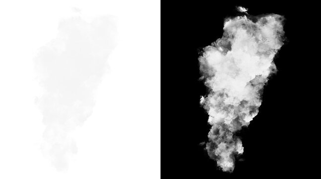 Realistic white smoke explosion with alpha channel, atmospheric steam vapor plume, thick cloud element for video editing and compositing