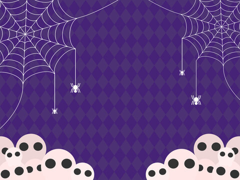 Cute Halloween background with spider webs, spiders, and skull heads on purple argyle diamond pattern.
