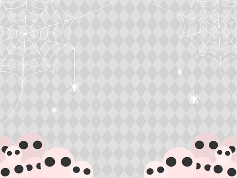 Cute Halloween background with spider webs, spiders, and skull heads on light grey argyle diamond pattern.