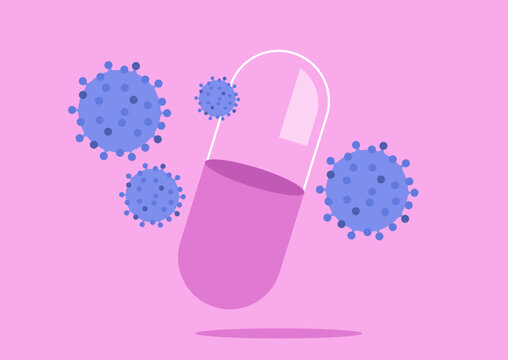 A colorful depiction showcases a capsule suspended in the air, attacked by stylized virus representations.