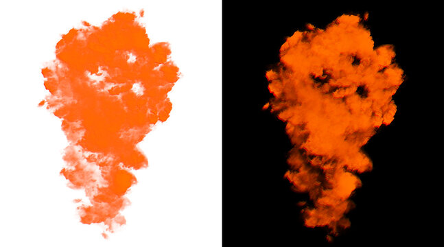 Orange smoke explosion on white and black background, vibrant fire cloud effect, colorful powder burst illustration for design