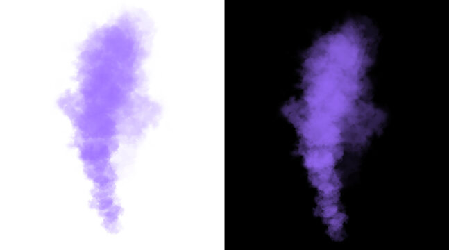 Purple smoke plume on white and black backgrounds, ethereal violet steam cloud for overlays, atmospheric lavender vapor trail for creative projects