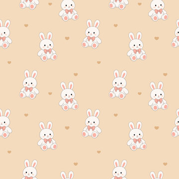 Cute Bunny Plush Seamless Pattern with Hearts in Soft Pastel Colors