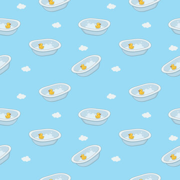 Baby Bath Tub and Rubber Duck Seamless Pattern in Soft Blue