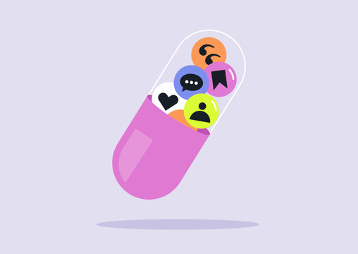 Social media capsule filled with remedies, such as likes, shares, comments, etc, addictive user behavior