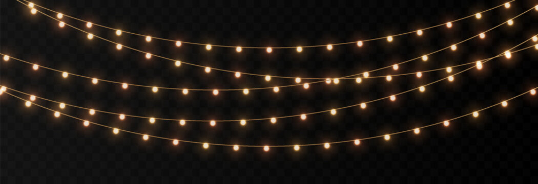 Vector Christmas lights. Christmas garland PNG. Christmas light PNG. Christmas decoration, LED lamps.