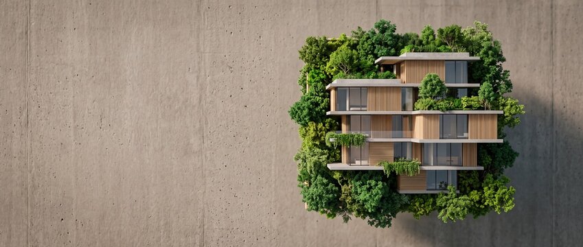 Modern sustainable architecture featuring lush green forest integration within wooden concrete residential apartment structures
