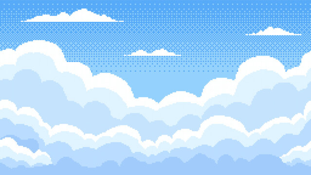 Pixel art vector sky with layered white clouds beneath blue sky. Retro game background. 8-bit digital illustration. Weather and nature concept. Cloudscape wallpaper and screen background.