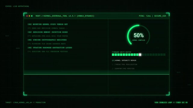 Futuristic digital dashboard interface with green kernel data loading progress