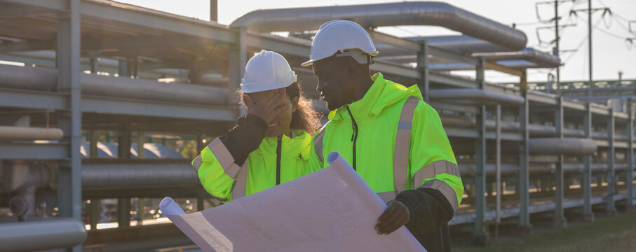 Engineer survey team checking construction project inspection work construction site .Team Civil engineer working outdoor next to the power plant.