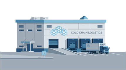 Fototapeta premium Cold Chain Logistics Warehouse Building with Refrigerated Truck at Loading Dock Flat Vector Illustration
