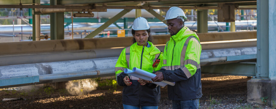Engineer survey team checking construction project inspection work construction site .Team Civil engineer working outdoor next to the power plant.