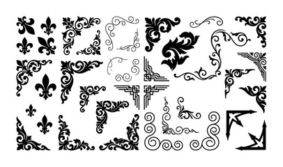Ornate corner decorations and fleur de lis set for graphic design elements © MalihaIslam