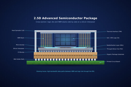 2.5D advanced semiconductor packaging infographic with labeled layers: HBM, silicon interposer, TSV and substrate