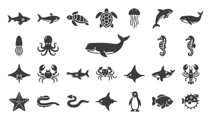 Obraz premium A comprehensive set of black silhouette sea animals and marine life icons, including sharks, whales, turtles, jellyfish, and crabs.