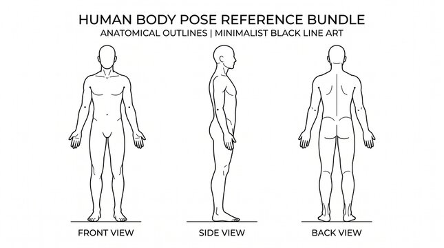 Minimalist human body pose reference bundle with anatomical outlines for artistic drawing and design.
