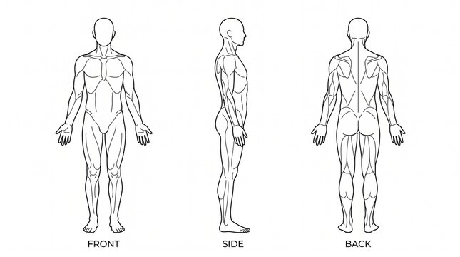 Anatomical outline of the human male body showing front side and back views.