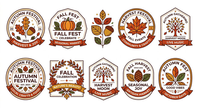 Autumn festival badges and vintage fall harvest logo labels feature warm orange leaves and acorns arranged neatly across a white surface.