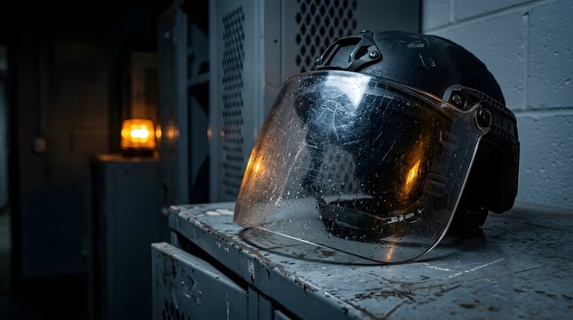 Protective tactical riot helmet with clear visor resting on metal locker for police force training law enforcement safety and emergency readiness presentation