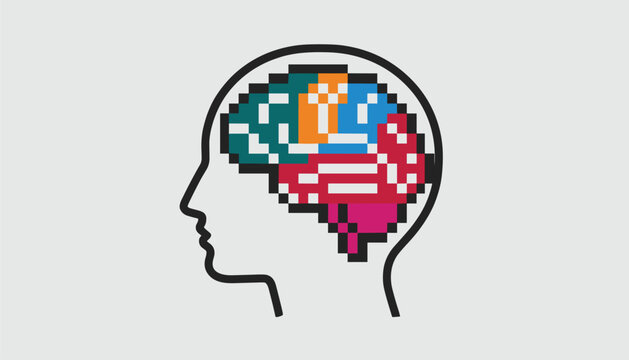Pixel art style human head profile with a colorful multi-colored brain graphic illustrating neurological functions and mental health concepts.