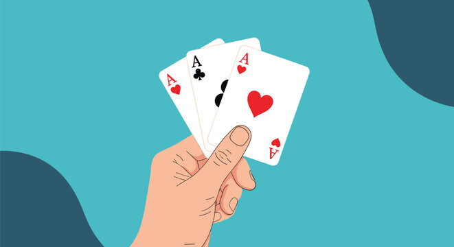 Detailed illustration of a human hand holding three ace playing cards against a stylized blue and dark blue abstract background.
