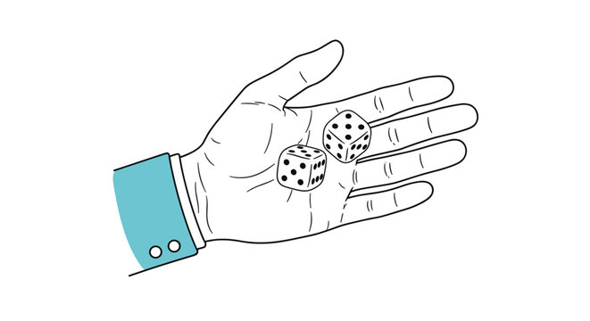 Hand drawn line art illustration of a hand with blue cuff throwing two dice with black pips isolated on a plain white background.