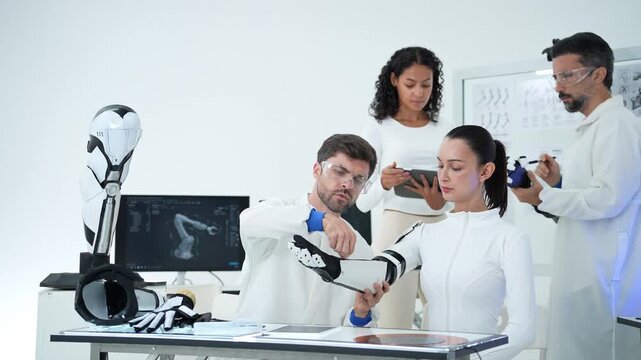 Research team tests and evaluates advanced bionic prosthetics in a modern laboratory. Engineers collaborate to develop futuristic robotic limbs, expressing innovation, progress, and technology.