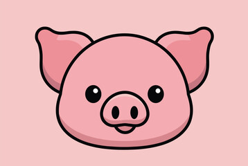 Fototapeta premium Adorable portrait of a cute smiling pink pig face with large black eyes, set against a pastel pink background.
